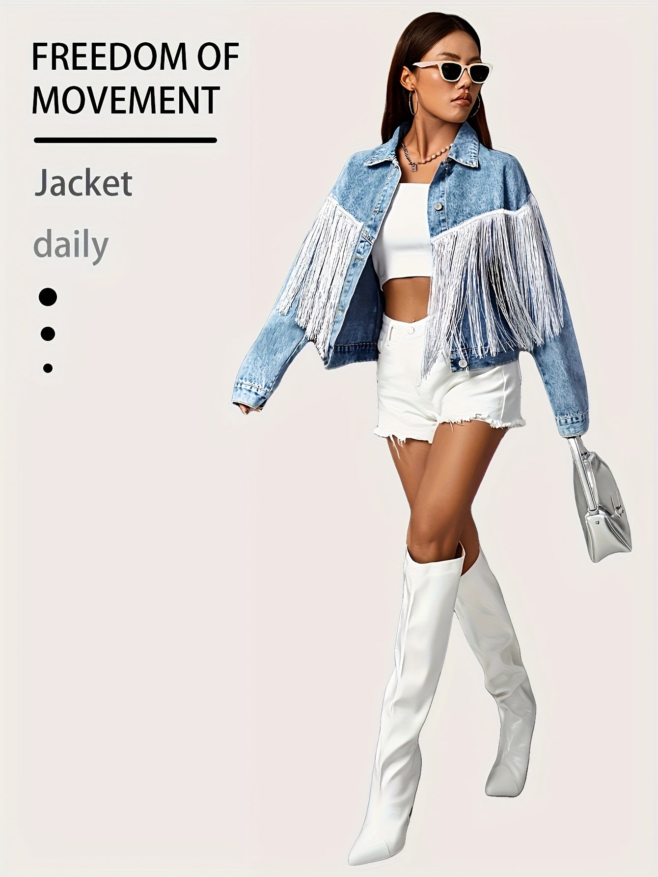 [Denim Jacket] Fringe Patchwork Decor Denim Jacket, Long Sleeves Single Breasted Button Lapel Denim Coat, Women's Denim Clothing - Perfect for Carnaval Music Festival