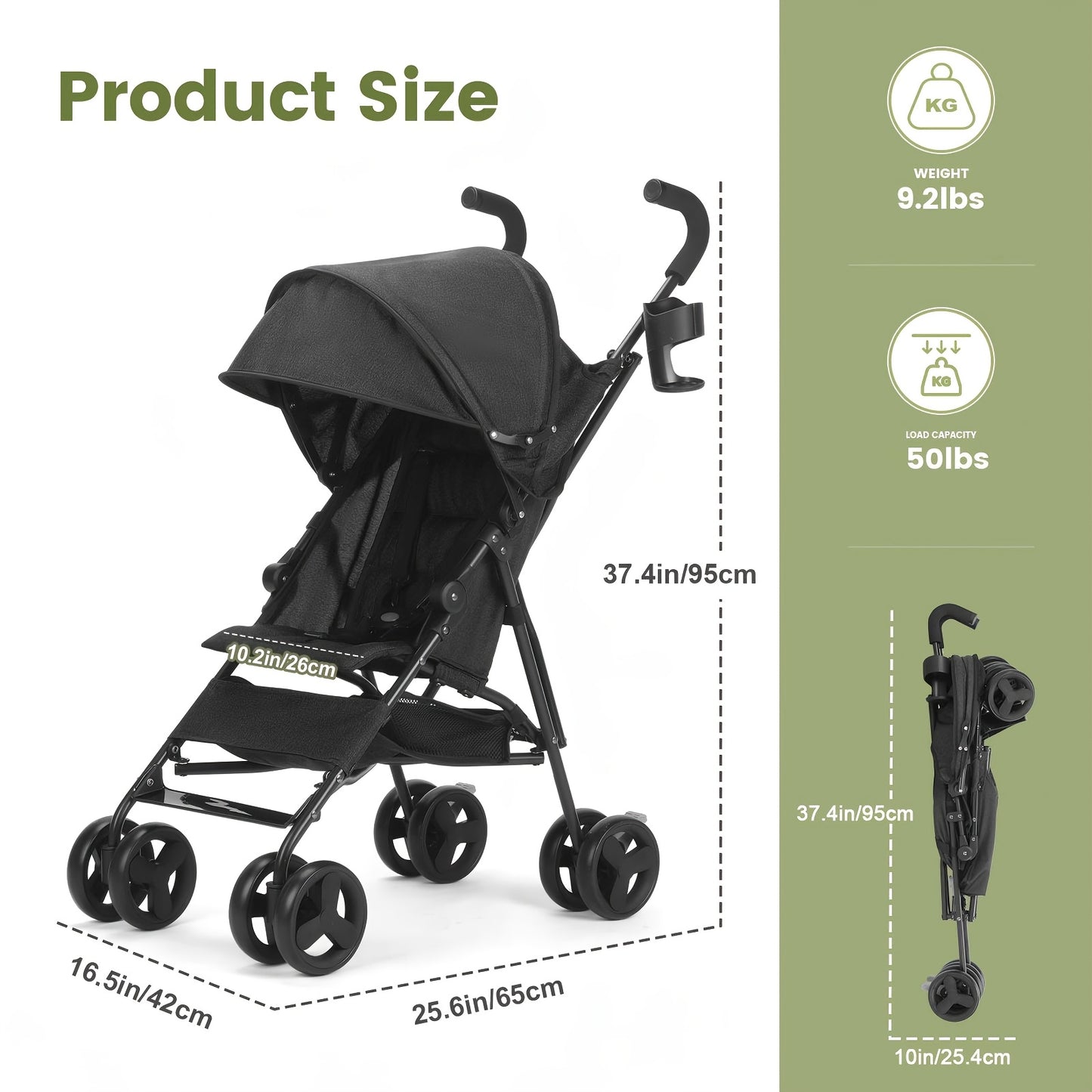 Mini Convenience Stroller Lightweight Stroller with Compact Fold, Multi Position Recline, Canopy with Pop Out Sun Visor And More Umbrella Stroller for Travel And More, Black Gray DrayGreen Pink.
