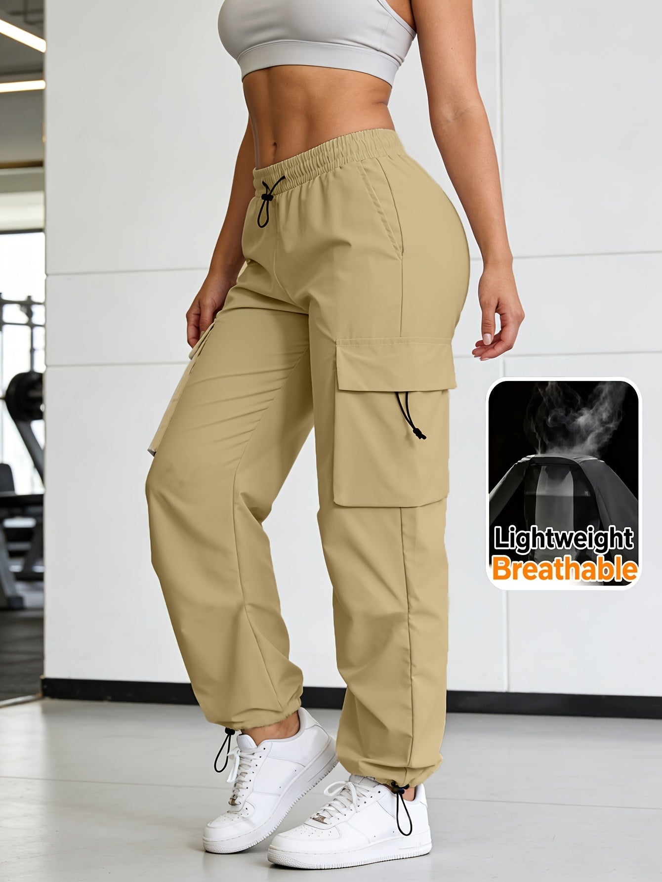 Women's Wide Leg Cargo Pants with Elastic Waist & Flap Pockets - Loose-Fit Trousers Suitable for Hiking, Jogging, Streetwear | Machine Washable Solid Black All-Season Pants for Gym, Outdoor, Daily Wear | Multi- Utility Pants
