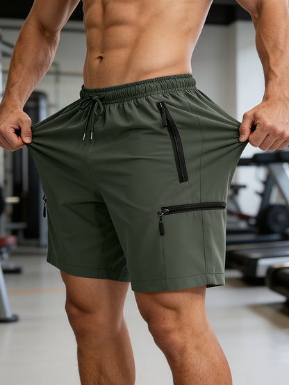 Men's Quick Dry Multi-Pocket Zipper Shorts, Elastic Waist Drawstring, Lightweight Breathable Fabric, Casual Sports Workout Running Hiking Shorts, Summer Outdoor Cargo Shorts for Men with Secure Zippered Pockets