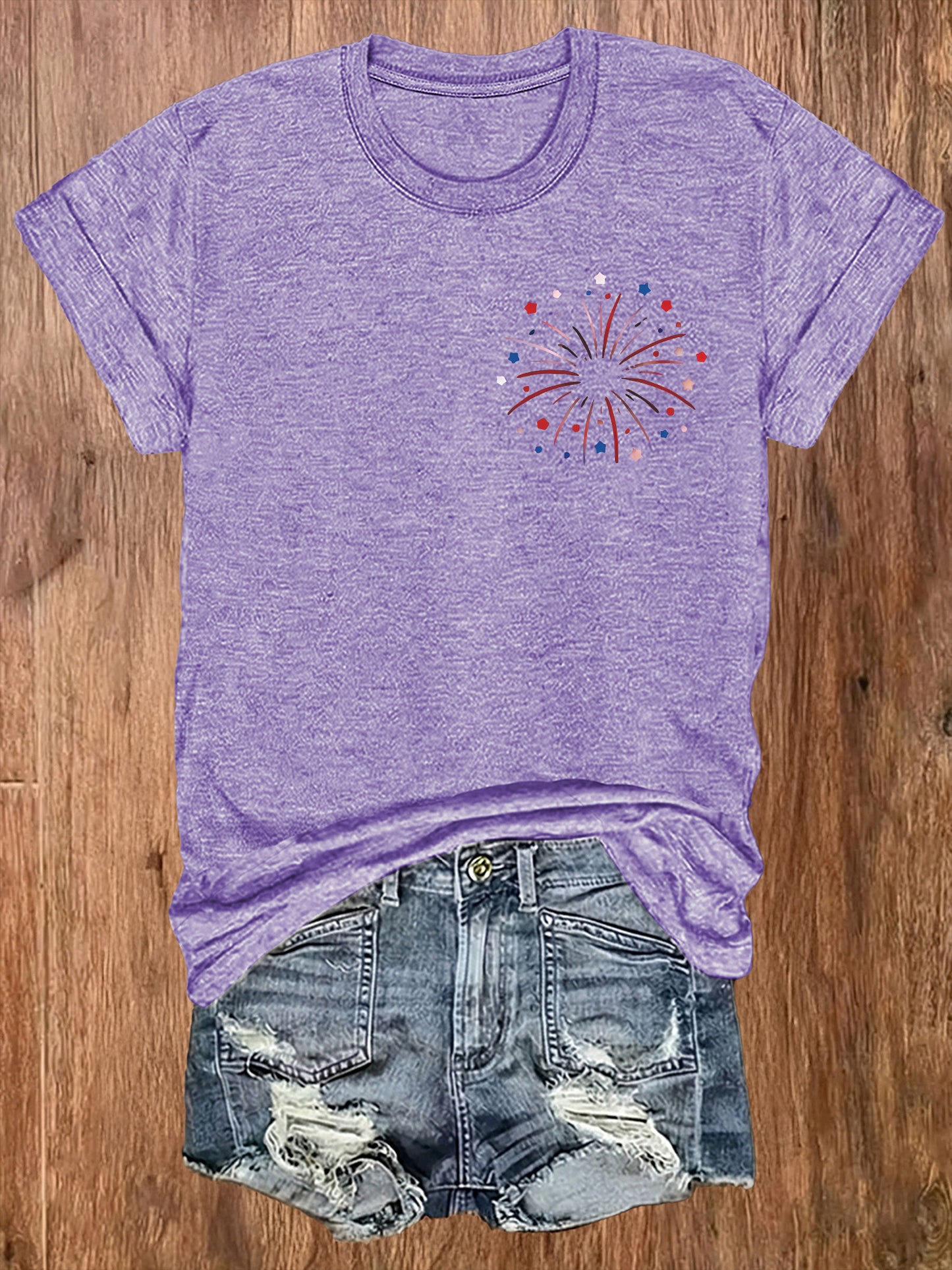 Women'S Summer Crew Neck Short Sleeve T-Shirt, Lightweight & Breathable, American Flag & Fireworks Print, Casual Street Style Top For Daily Wear & Patriotic Celebrations, Comfortable Athletic Outfit