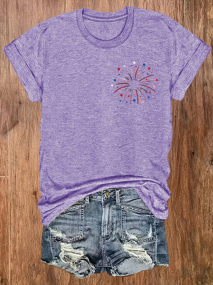 Women'S Summer Crew Neck Short Sleeve T-Shirt, Lightweight & Breathable, American Flag & Fireworks Print, Casual Street Style Top For Daily Wear & Patriotic Celebrations, Comfortable Athletic Outfit