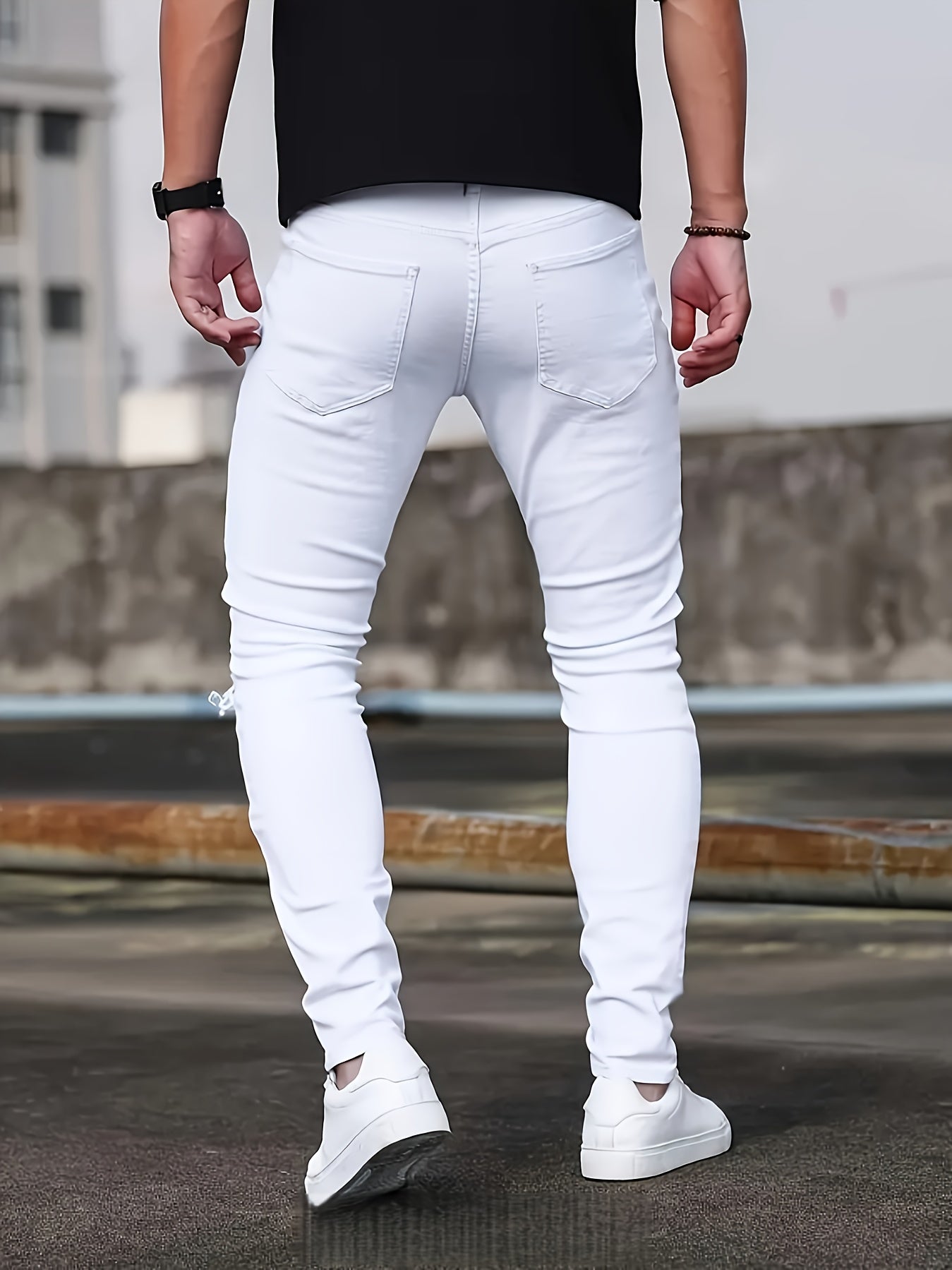 [HME] Men'S Casual Jeans, Fashionable Perforated Patch Style, Three-Dimensional Cut And Patchwork Design, Mid-Waist Elastic Slimming Skinny Pants, Suitable for All Seasons, Essential for Daily Casual Wear Men'S Denim Long Pants