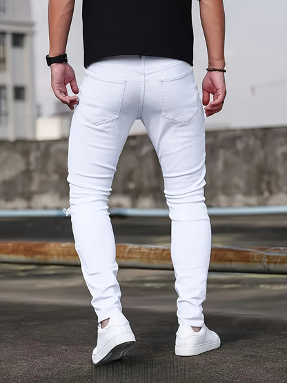 [HME] Men'S Casual Jeans, Fashionable Perforated Patch Style, Three-Dimensional Cut And Patchwork Design, Mid-Waist Elastic Slimming Skinny Pants, Suitable for All Seasons, Essential for Daily Casual Wear Men'S Denim Long Pants