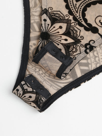 Elegant Sheer Mesh Bodysuit with Tropical Print - Sleeveless, Stretchy & Machine Washable for Women