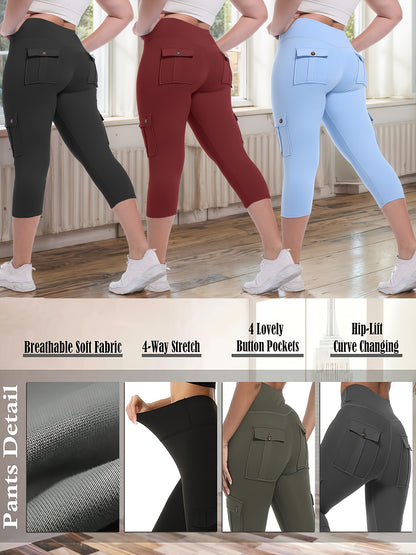 3-packs High Waist Yoga Capri Pants 3pcs Capri Pants Set, 4 Way Stretch Butt Lifting Tummy Control, 4 Button Pockets Workout Running Sports Pants
