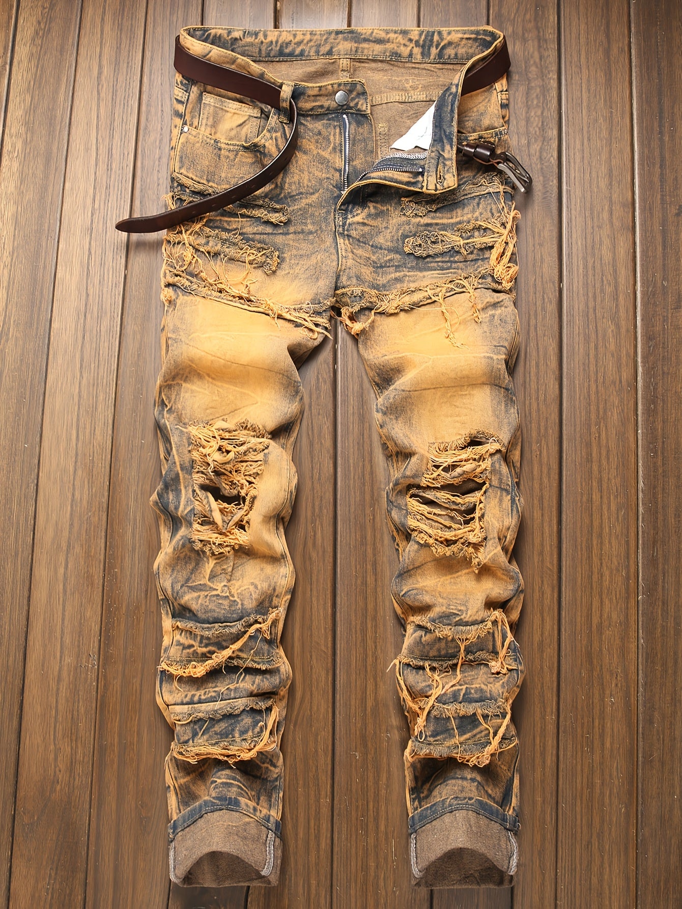 Fashion Trends Stacked Multi-post Fabric Tassels Holes Irregular Tie Flower Splashed Ink Jeans Casual Men's Trousers