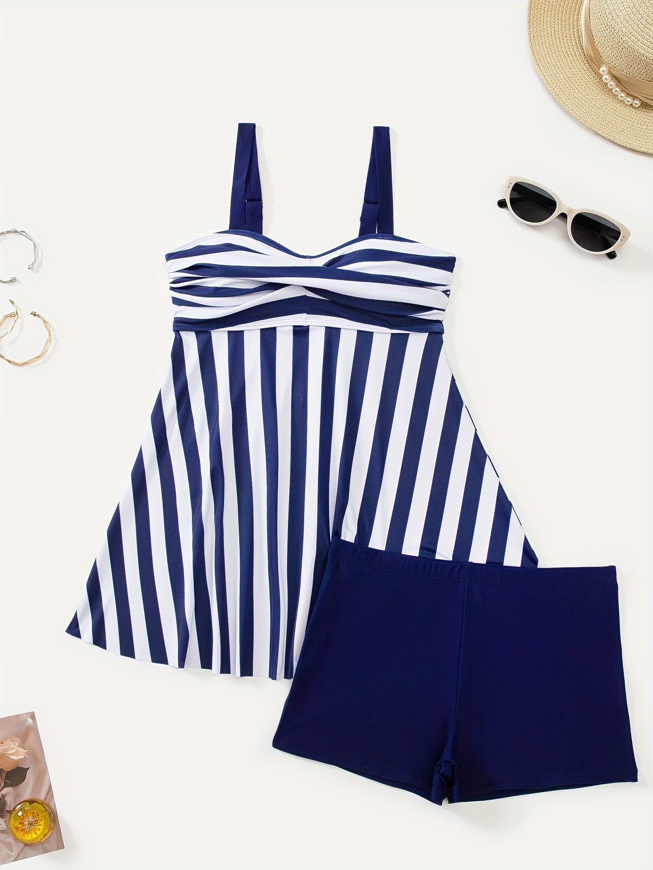 Striped Print 2 Piece Set Tankini, Ruched Skirted Boxer Short Bottom Swimsuits, Women's Swimwear & Clothing