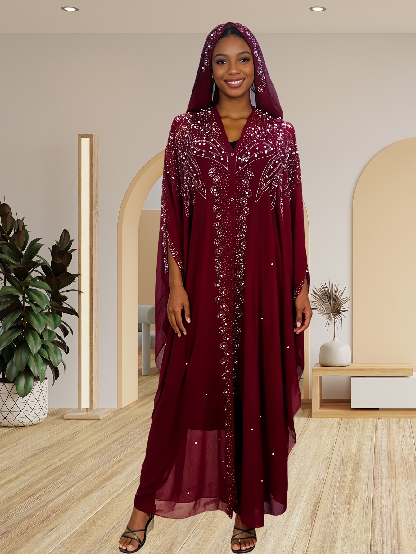 A Batwing Sleeve Shawl Wrap Adorned with Royal Blue Rhinestones, Inspired by Middle Eastern Styles. This Plus-Size Semi-Sheer Tunic Features a Loose Fit, Beaded Accents, And a Slit Hem, Perfect for Summer Weddings, Parties, And Cultural Gatherings