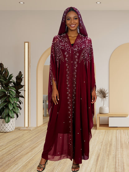 A Batwing Sleeve Shawl Wrap Adorned with Royal Blue Rhinestones, Inspired by Middle Eastern Styles. This Plus-Size Semi-Sheer Tunic Features a Loose Fit, Beaded Accents, And a Slit Hem, Perfect for Summer Weddings, Parties, And Cultural Gatherings