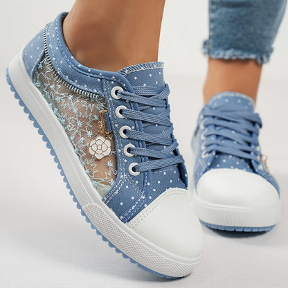 Breathable Mesh Women's Flats - Casual Low-Top Sneakers with Floral Design, Plus Size Available