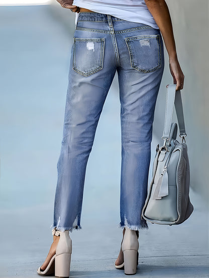 Plus Size Women's Blue Distressed Washed Denim Jeans | Multiple Rips & Destroyed Hem | Slim Fit, Unique Design | Versatile Stylish Style for All-Season Commuting