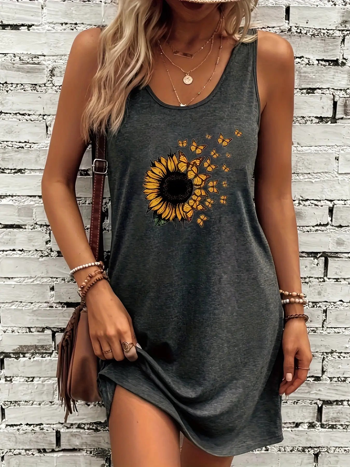 Women's Sunflower Print Tank Dress with Pockets - Short Sleeve Round Neck Short/Long A-Line, Fabric Blend Casual Summer Dress, Spring/Summer/Fall Blouse for Beach, Picnic & Casual Attire - Machine Washable Loose Fit Dress