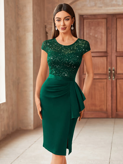 [Wedding Guest Graduation] 13169 Womens Elegant Sequin Lace Bridesmaid Midi Dress With Cap Sleeves Ruffle Hem Round Neck Side Slit For Summer Wedding Guest Graduation Formal Party Evening Event
