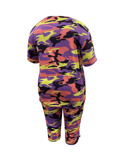 Plus Size - Plus Size - Women'S Plus Size Fashion: Camouflage Print T-Shirt with Round Neck And Cropped Pants Set, Casual Two-Piece Outfit