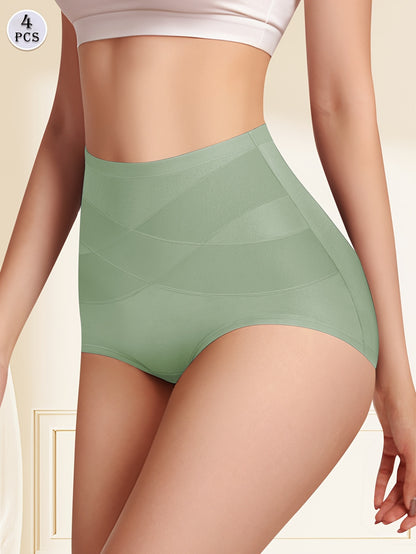 4pcs High Waist Crossover Tummy Control Briefs, Seamless Soft Stretchy Breathable Full Coverage Intimates Panties, Women's Lingerie & Underwear