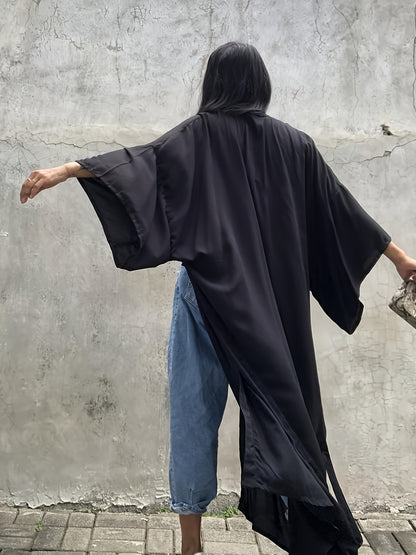 Women's Beige Kimono Cardigan - Casual V-Neck, Long Sleeve with Tie Waist, Lightweight Beach Cover-Up Dress, Breathable & Semi-Sheer for Vacation Layering, Casual Layering Piece|Flowing Beachwear|Breathable Fabric