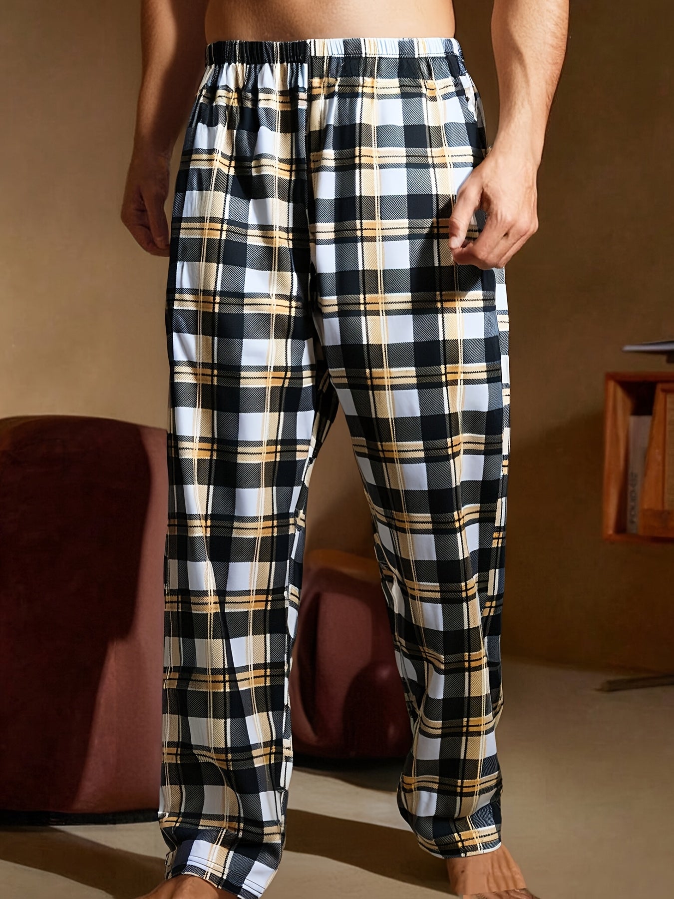 4pcs Set of Sleeping Pants for Men, New Spring and Summer Four Plaid Long Pants, Comfortable and Lightweight, Loose Fit Can Be Worn Outdoors, Four Combination Packs of Elastic Waist Home Pants, Soft Pants