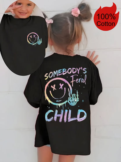 SOMEBODY'S FERAL CHILD Print 100% cotton Short Sleeve T-shirt, Comfy Casual Tees For Girls Summer