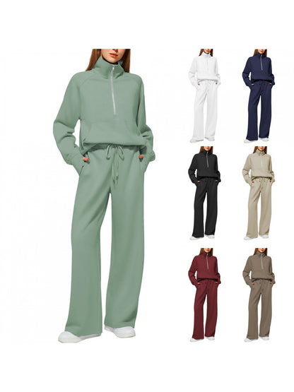 2Pcss Outfits for Women, Oversized Half-Zip Sweatshirt And Wide Leg Sweatpants Set, 2026 Spring Casual Lounge Tracksuit Women'S Trendy 2Pcss Matching Set, Oversized Quarter-Zip Pullover And Loose Wide Leg Trousers, Chic Spring Sporty Outfits