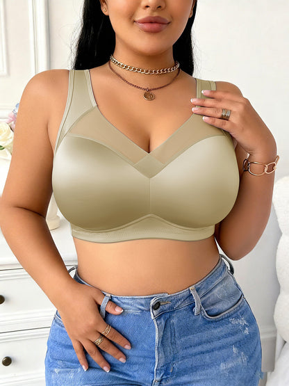 Wire-Free Plus Size Bra for Women - Mesh Design, Glossy Satin Seamless Underwear, Comfortable Breathable Soft Support, Non-Adjustable Straps with Non-Removable Padding, Nylon Smooth Plus Size Bra, Perfect for Everyday Casual Wear