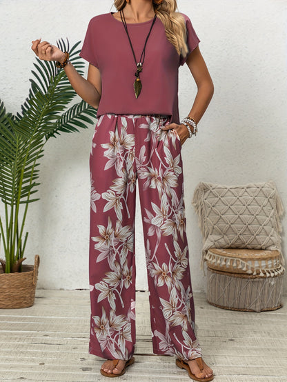 Women Solid Color Round Neck Short Sleeve Top And Flower Print Wide Leg Pants Set for Summer Two Piece Outfits