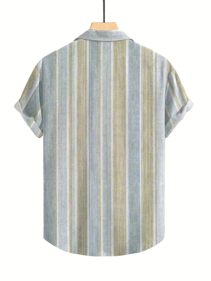 1pc Men'S Casual Striped Short Sleeve Shirt - Polyester 95%, Spandex 5% Blend, Summer Lapel Collar, Woven Fabric, Regular Fit with Button Details, Plus Size