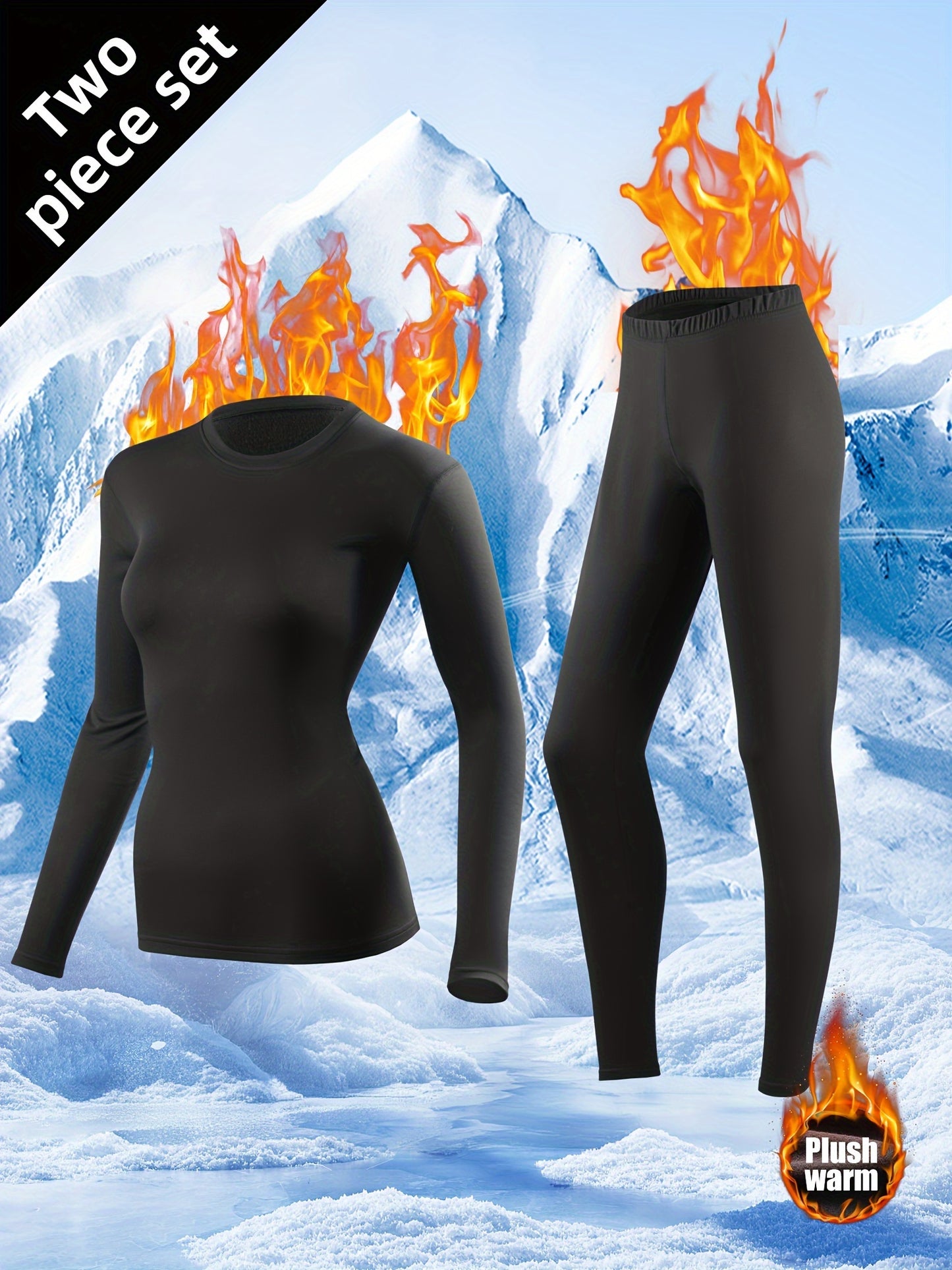 2pcs Women's Thermal Underwear Set, -Lined Leggings Compression Thermal Sleepwear, Loungewear & Activewear Base Layer Set Perfect for Winter Sports, Outdoor Adventures, And Everyday Casual Wear Ideal for Skiing, Yoga, And Cycling