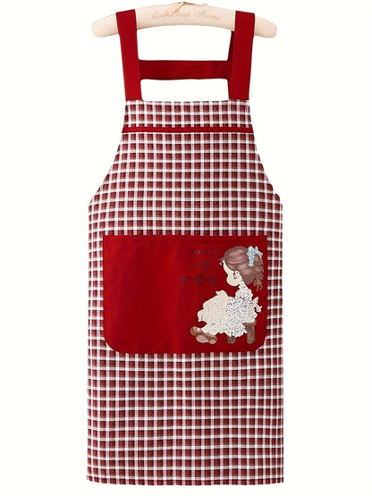 Stylish Unisex Plaid & Floral Portrait Print Apron - Red & Black Mix, Machine Washable with Front Pockets, Sleeveless Design for Kitchen, Home, or Flower Shop Use, Cute Apron, Kitchen Wear, Elegant Kitchenwear, Practical Kitchen Item