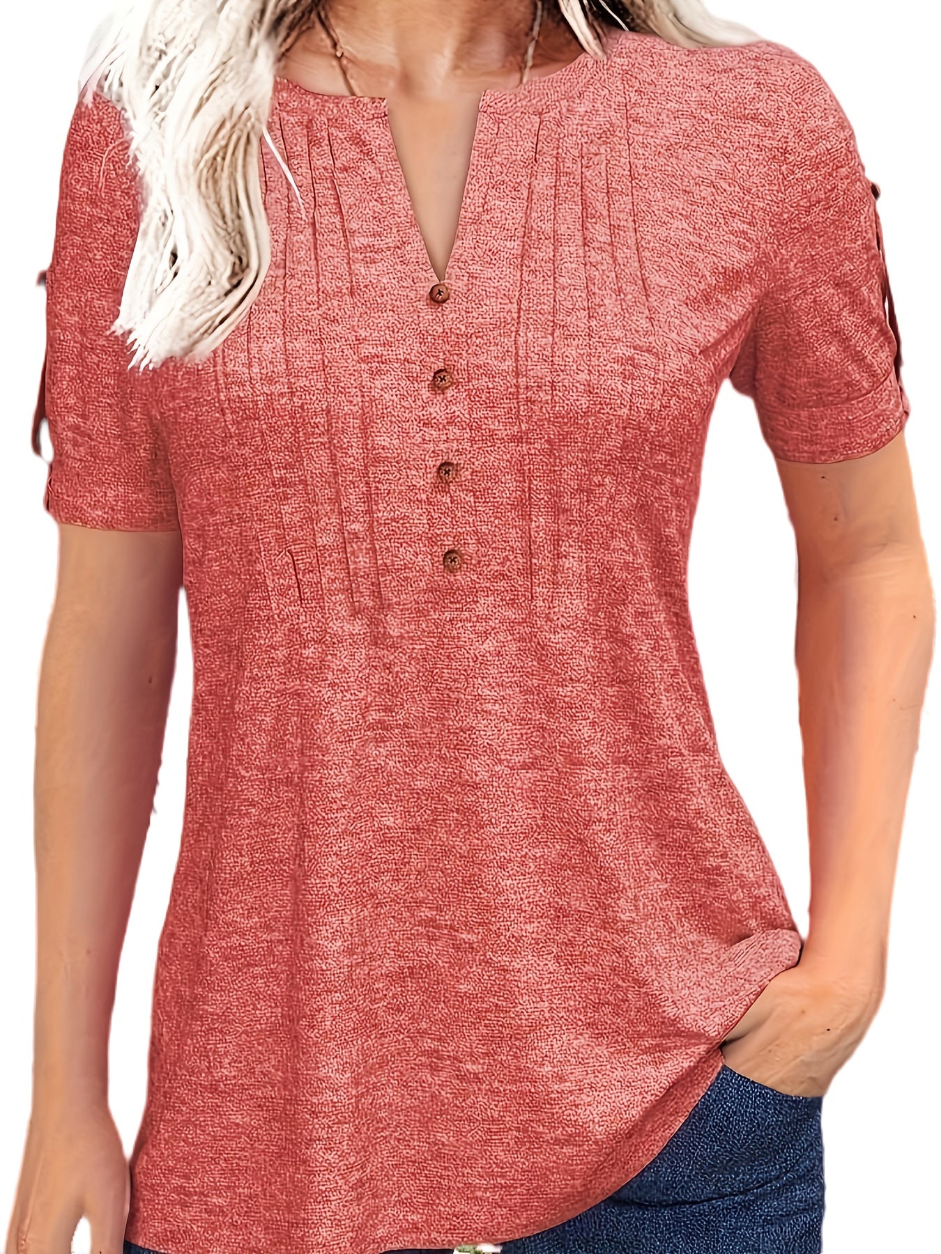 Casual Short-Sleeve T-Shirt for Women, Featuring a Pleated Design And V-Neck in Solid Colors, Perfect for Summer