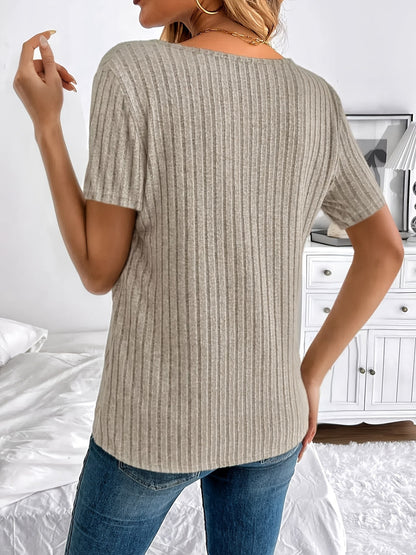 Elegant Spring/Summer Women's V-Neck T-Shirt with Chic Button Detail - Casual Ribbed Short Sleeve Top, Stretch Polyester, Machine Washable, Suitable for Everyday Style, Loose Fit Clothing | Button Detail Shirt | Structure