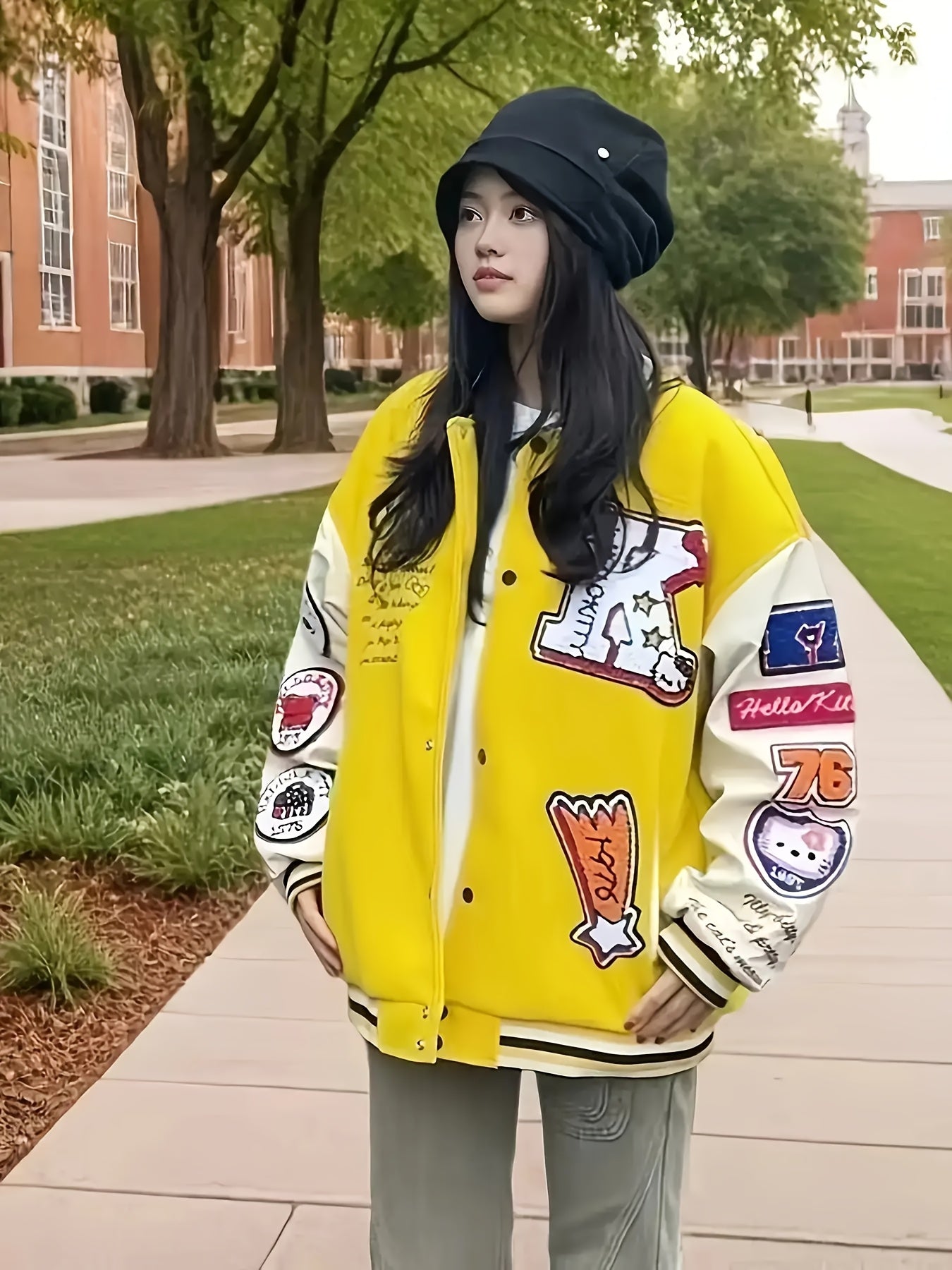 for sanrio Licensed Women'S Jacket Featuring Hello Kitty And Kuromi Patches - Lightweight Spring And Autumn Coat, Cute Anime Character Outerwear, Perfect For Parties And Everyday Wear - Iconic Brand Accessories (a Must-have For Sanrio Fans)