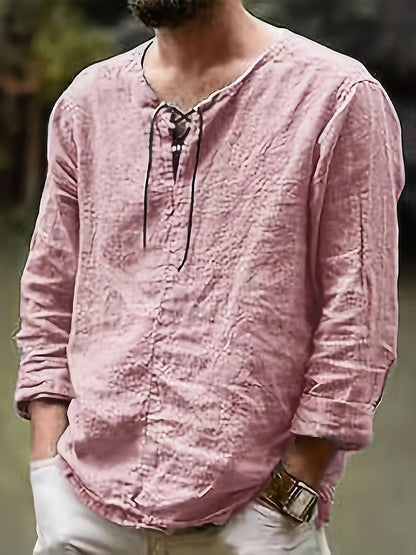 Men's Lace Detail Casual Shirt - V-Neck Long Sleeve