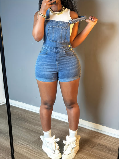 Women Solid Color Slim-fit Jeans Casual Button Trim Denim Romper Pockets Sleeveless Denim Romper