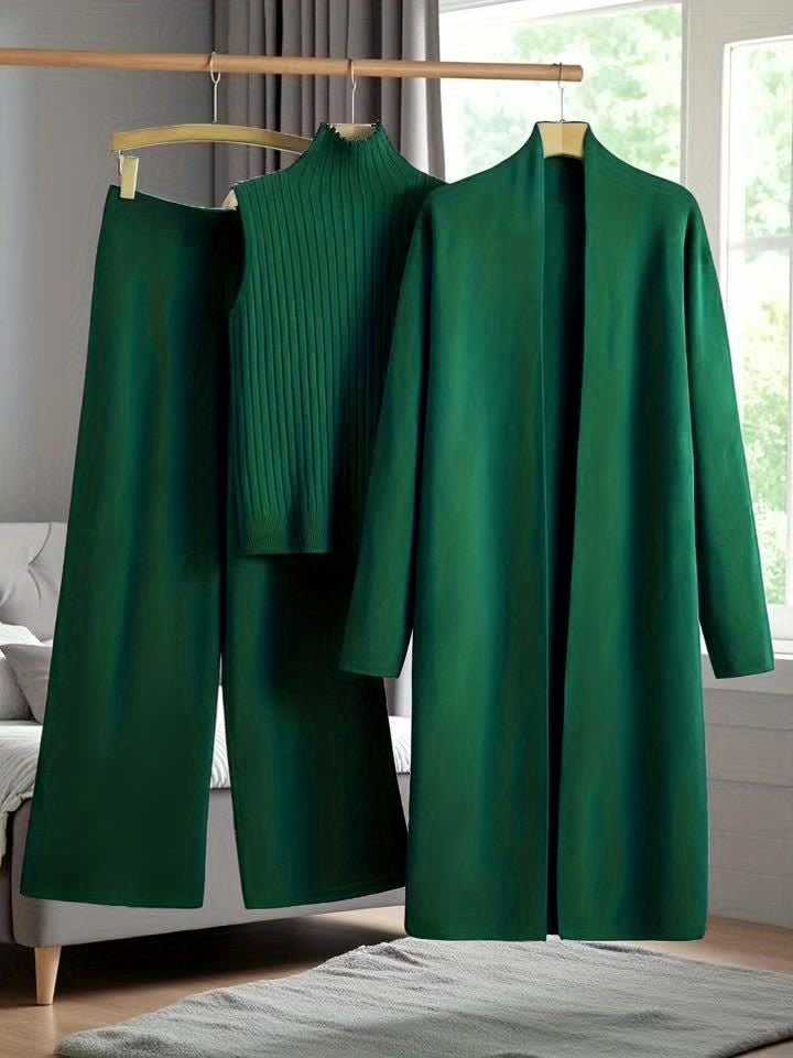 New Autumn And Winter Women'S Loose Set, Including Long Wide-Leg Pants, a Shawl Cardigan, And a High-Neck Vest Sweater, a Fashionable Three-Piece Set