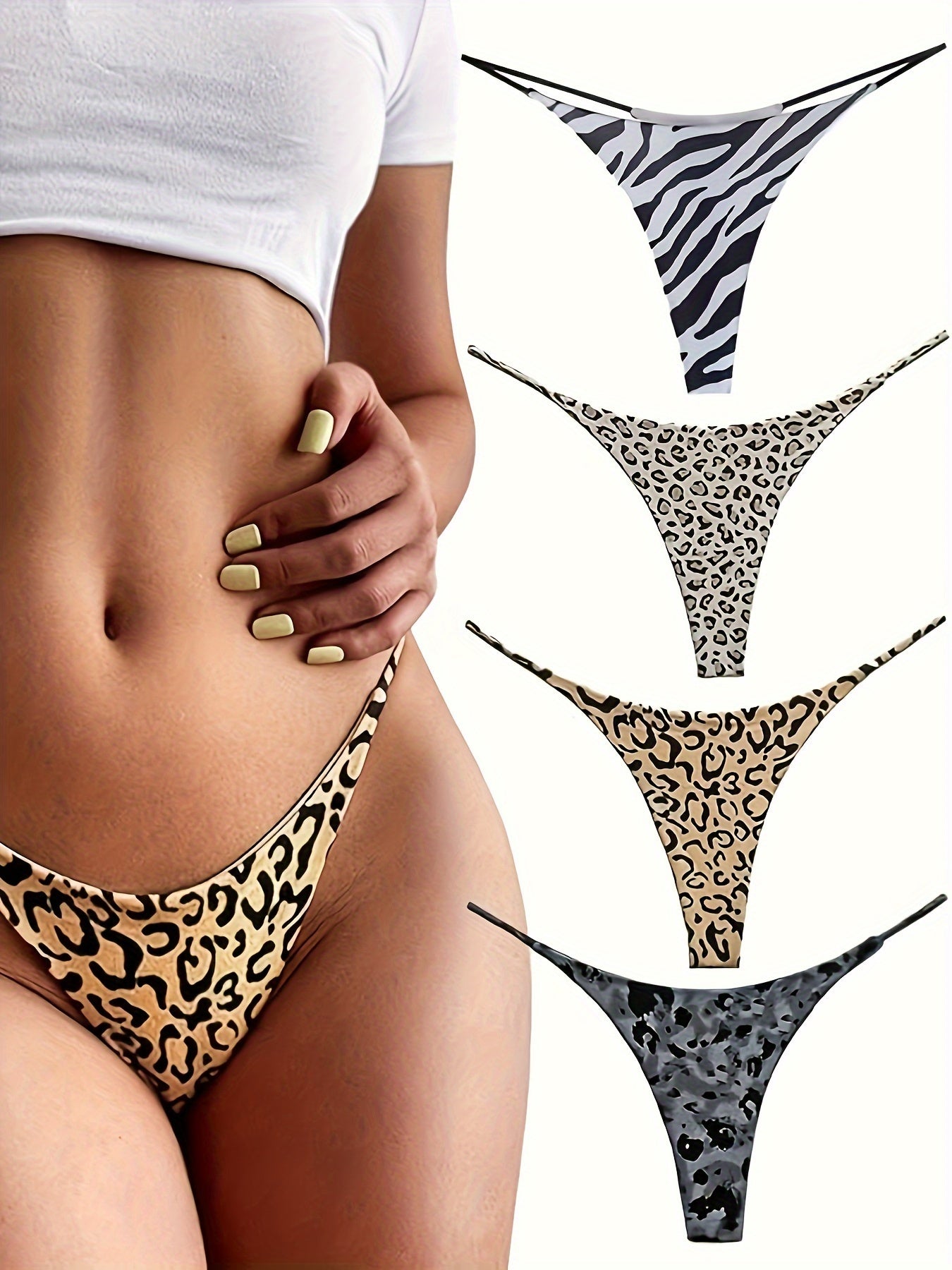 4pcs, Leopard Print Women'S Thong Briefs Underwear Low-Waist Women'S Thong Briefs