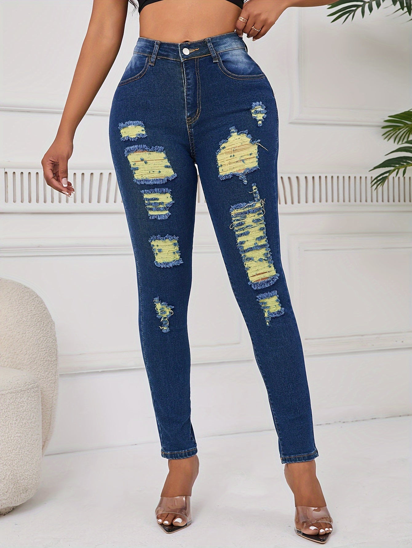 Women Distressed Jeans Women`S Waist Stretch Denim Pants Color Ripped Yellow Detail Skinny Jean for Women