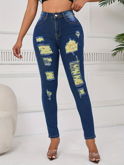 Women Distressed Jeans Women`S Waist Stretch Denim Pants Color Ripped Yellow Detail Skinny Jean for Women