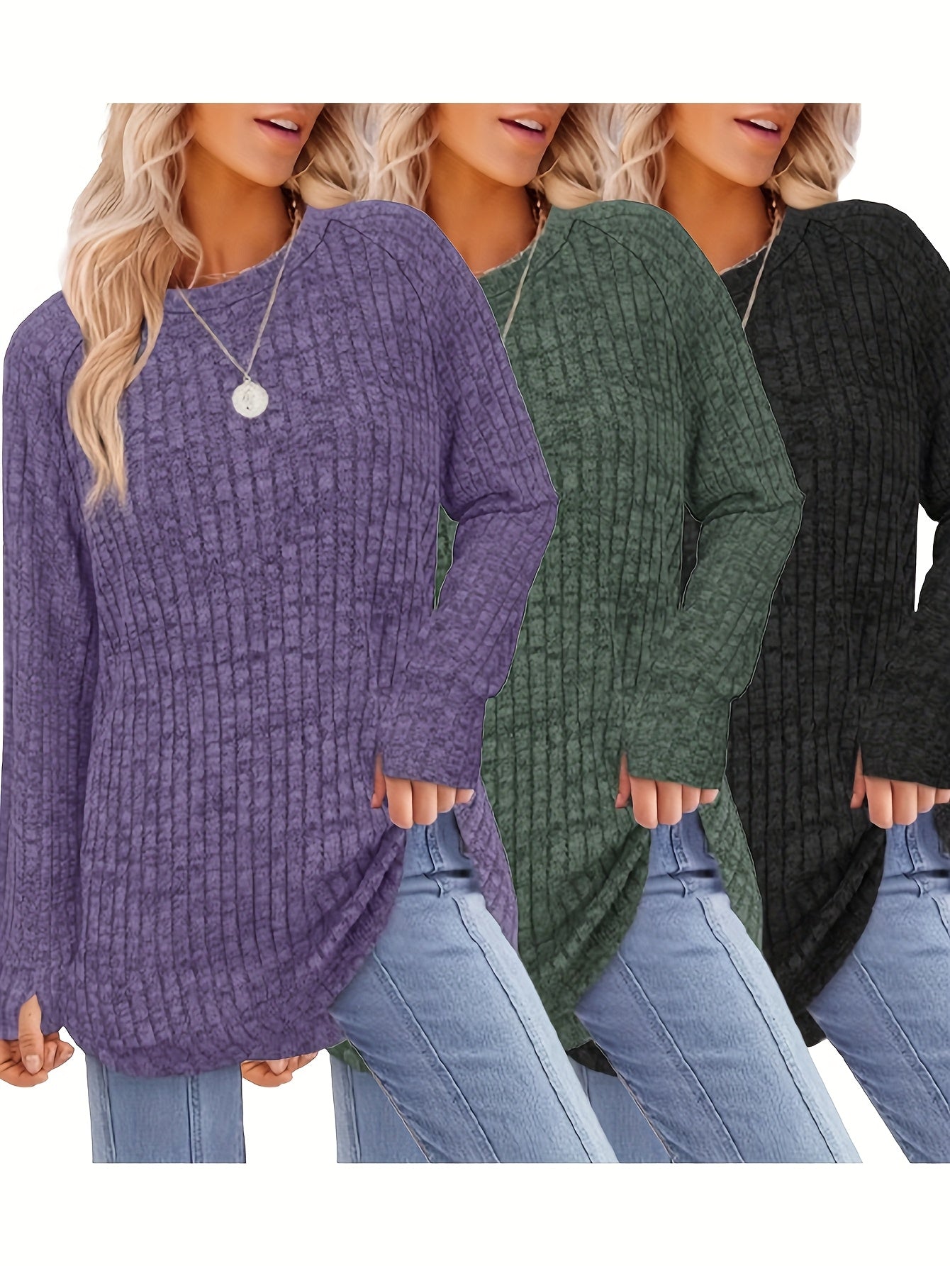3pcs Women's Round-Neck Sweater & Loose Blouse - Thin Casual Layering Suitable for Fall Winter, Machine Washable Loose-Fitting Shirt and Sweater