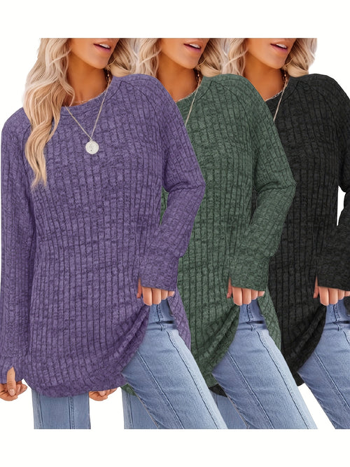 3pcs Women's Round-Neck Sweater & Loose Blouse - Thin Casual Layering Suitable for Fall Winter, Machine Washable Loose-Fitting Shirt and Sweater