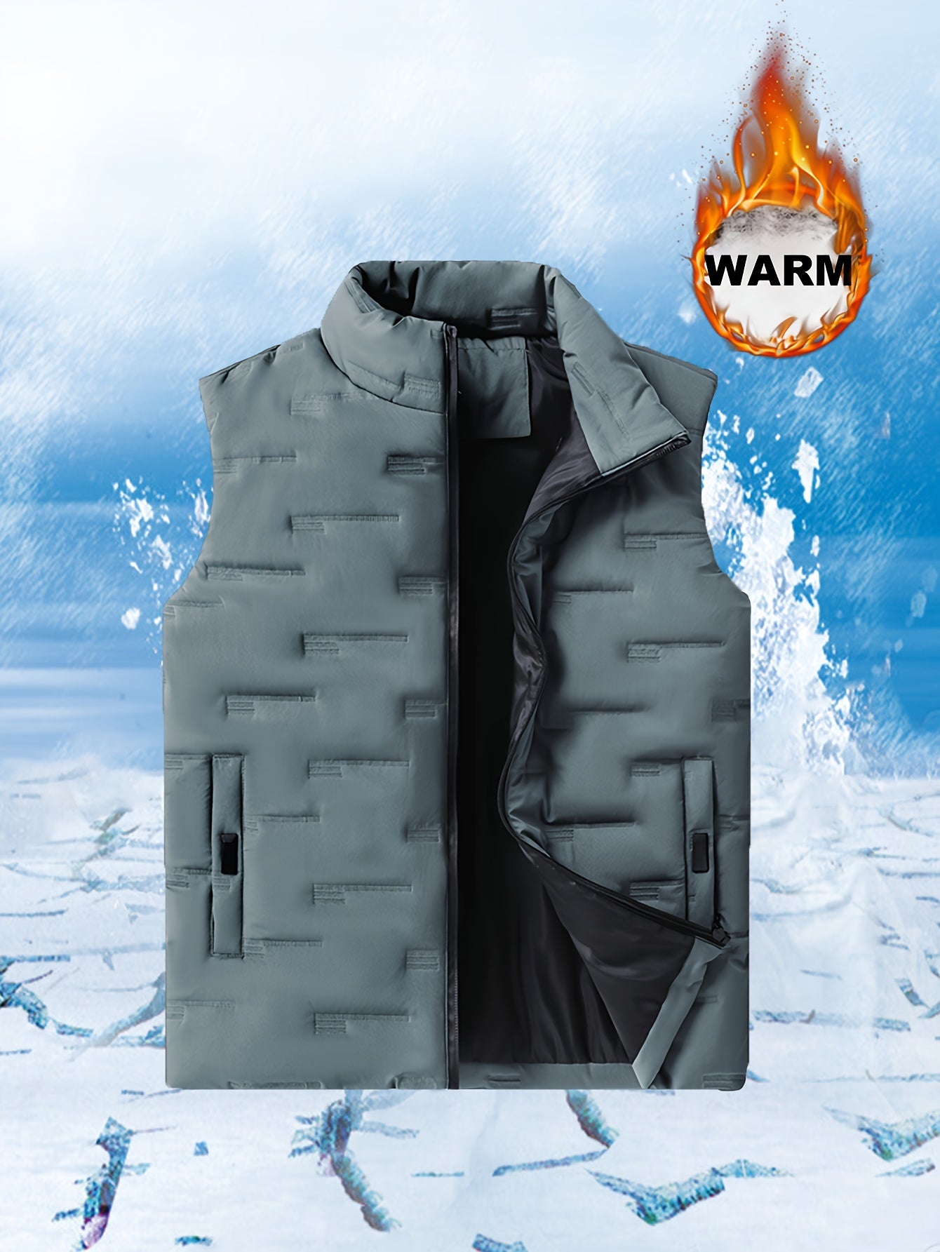Men's Casual Stand Collar Vest, 100% Polyester Solid Color, Warm Fall/Winter Outerwear with Pockets, Non-Stretch Woven Fabric, Regular Fit - 120gsm