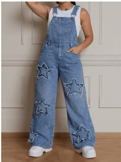 Teen Girls' Wide-Leg Denim Overalls with Star Embroidery Everyday Outfits - Machine Washable Teen Loose Fit Long Denim Machine Washable All-Season Casual Jeans for Teens Durable Fabric, for Outdoor