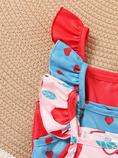 Set of 3 Girls' Casual Jumpsuits Featuring a Pink Fruit Print, a Blue Love Pattern, And a Solid Color for Spring And Summer, for Outdoor
