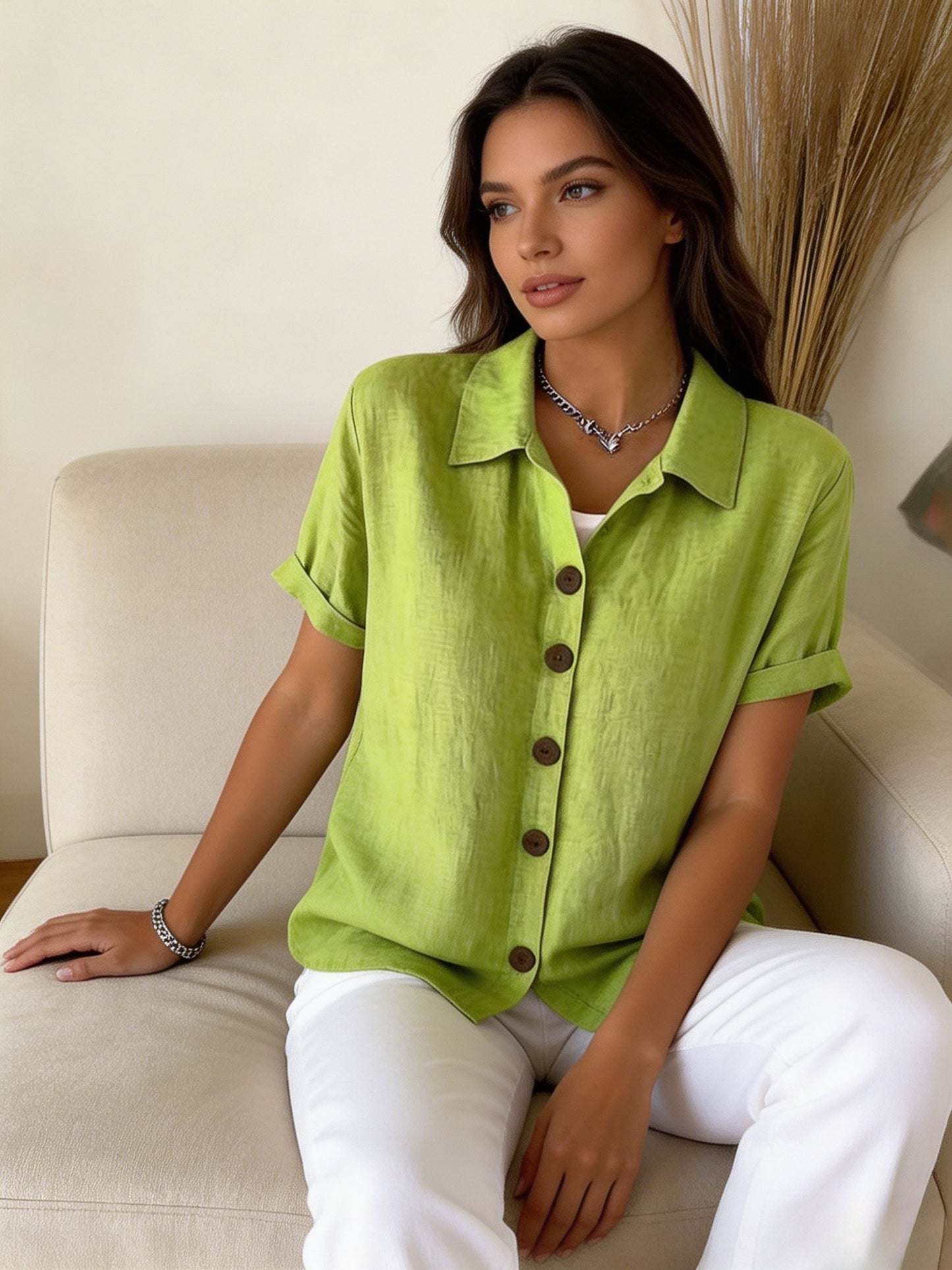 [Casual Loose Fit Blouse] Women's Collared Short Sleeve Button Shirt Casual Loose Fit Fashion Blouse for Ladies Spring Summer Daily Wear Office Work Vacation Beach Streetwear Weekend Holiday Travel Outfit Trendy Female Casual Attire Casual Tops