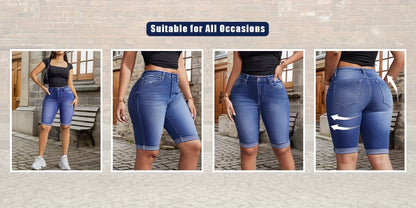 Women's Mid-waist Roll Cuff Bermuda Stretch Denim Shorts Everyday Everything Suitable for Daily Wear Tight Fit Suitable for Family And Friends Gifts