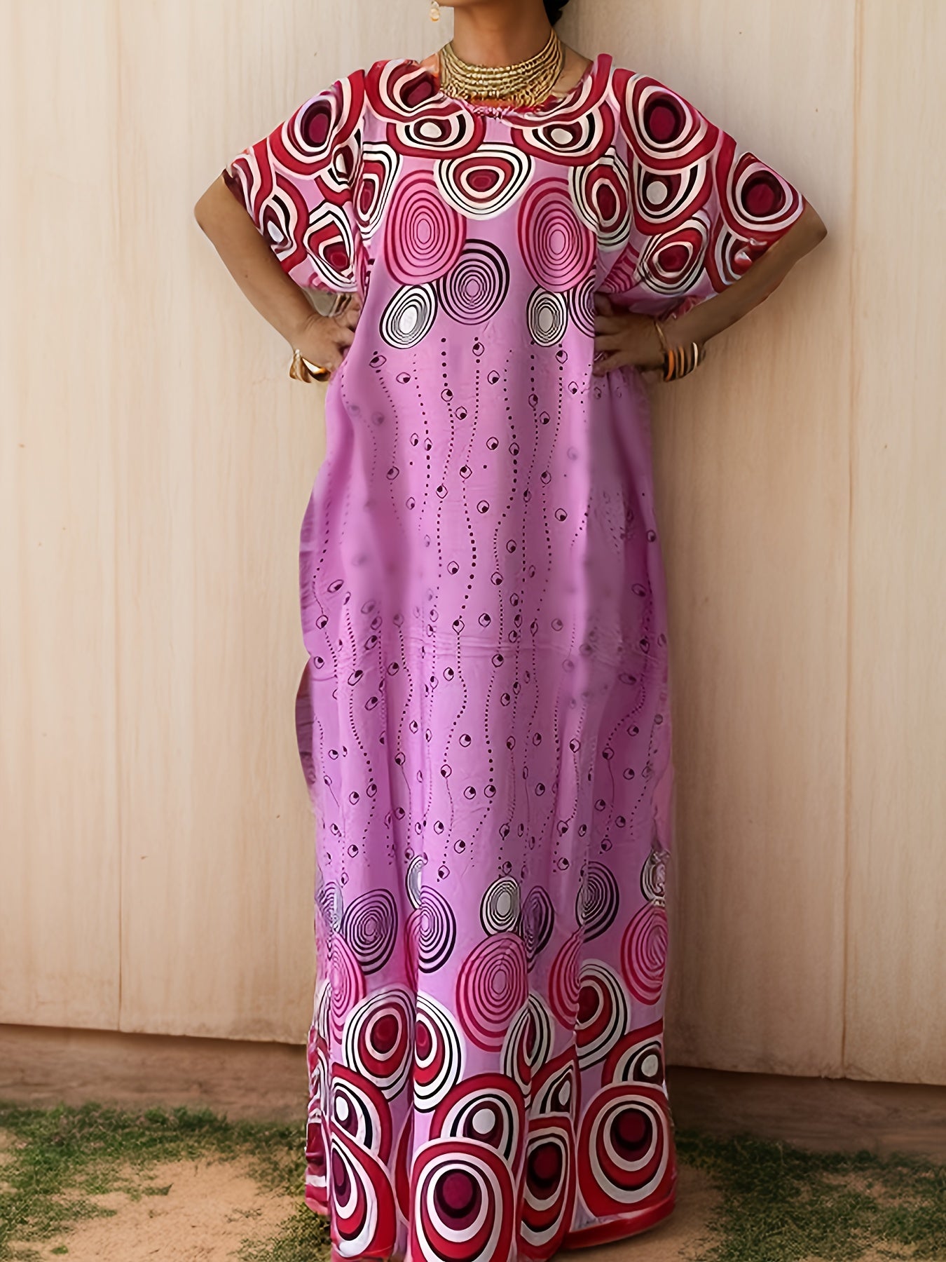 Geo Print Boat Neck Loose Dress, Elegant Batwing Sleeve Maxi Cover Up Dress, Women'S Clothing