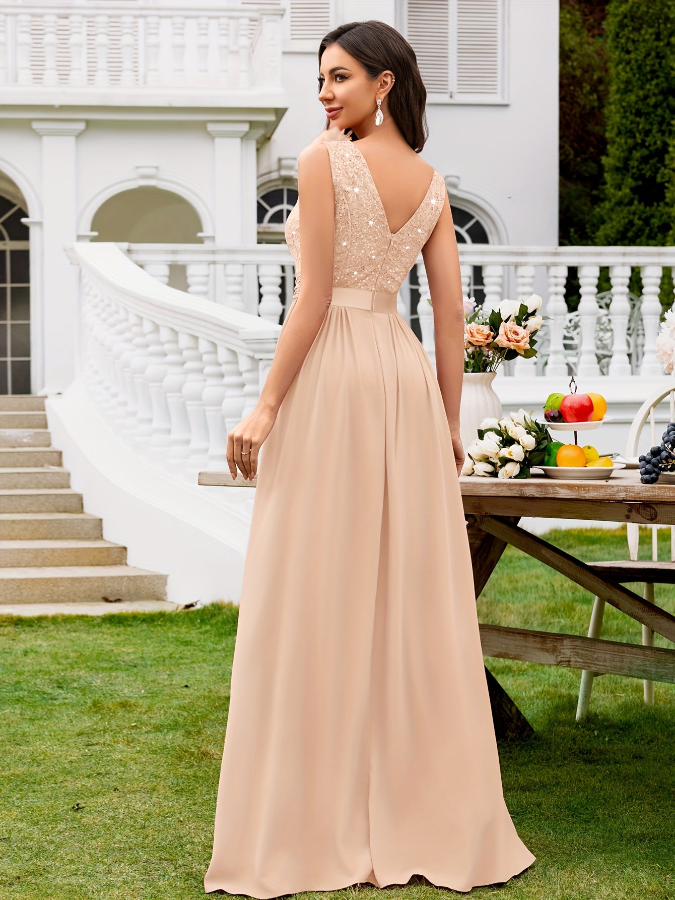 24451A Elegant Womens Mesh Deep V Neck Sequin Lace Maxi Dress, Sleeveless Applique Shoulder, Back V Neck, Ruched A Line Waist, High Thigh Slit Hem, Perfect For Formal Wedding Guest, Prom, Bridesmaid Party, Graduation Season, Wedding Season