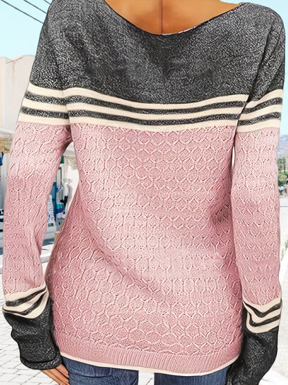 Color Block Sweater with Crew Neck, Casual Long Sleeve Pullover for Autumn And Winter, Women'S Apparel