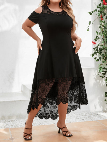 Women'S Plus Size Ruffle Dress for Spring and Summer, Color Block Lace Cold Shoulder Design with Medium Stretch and Asymmetrical Hem