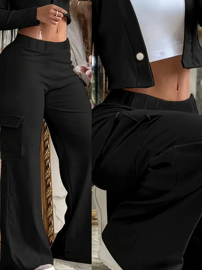 Women Wide Leg Pants Black Casual Work Pants High Waist Trousers Pull On With Pockets
